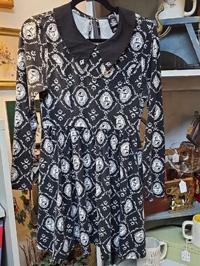 DisneyTNBC  Black and White Long Sleeve Peter Pan Collar Dress with Cameo Print